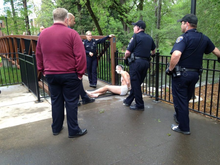 Man being apprehended for claiming he was the Easter Bunny. Photo credit: George Johnston
