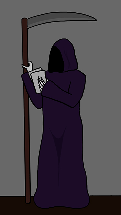 Graphic+illustration+of+the+grim+reaper+holding+a+scythe+and+a+book+with+the+letter+m+on+it.+The+reaper+is+a+dark+purple+and+the+background+is+grey.+The+book+is+also+grey.+The+scythe+has+a+brown+handle+and+a+grey+blade