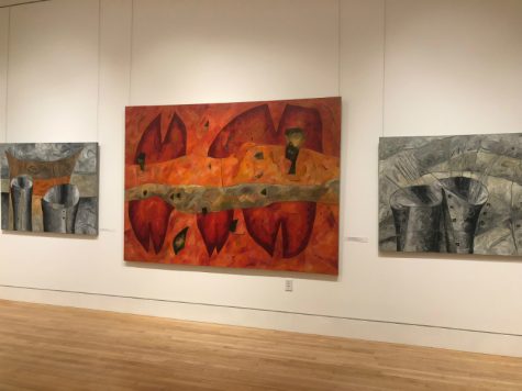 Large-scale paintings left untitled, except for the one in the center, which is called “Big Trinity River.”