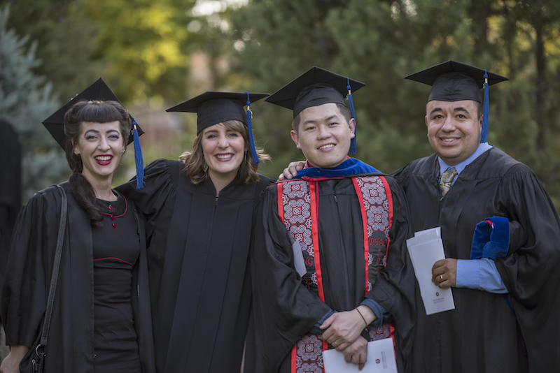 Suzie Nakao, Melanie Higgins, Xeng Thao, Jose Barron (left to right) and other graduate students in the Colleges of Business (BUS), Communication And Education (CME), Engineering Computer Science And Construction Management (ECC) were honored during their Masters Commencement Ceremony on Thursday, May 18, 2017 in Chico, Calif. The business department has achieved accreditation and high praises in 2018.
Photo courtesy of Kelsey Horne and Jason Halley, University Photographer.