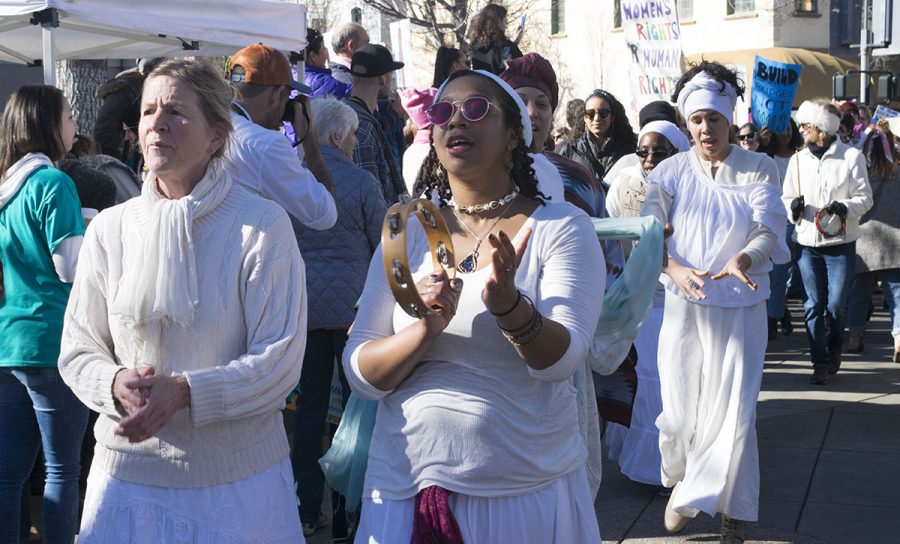 Dance company Nefertiti’s Dozen, performed on stage pre-march and rang in the end of it with just as much energy. Women’s March on Chico Saturday, Jan. 20, 2018.