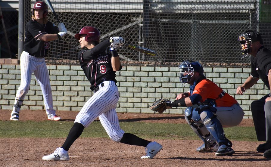 Second baseman Brian Pozos hits a triple for 2 RBIs in the bottom of the seventh inning in the first game of the double header against Fresno Pacific. Photo credit: Martin Chang