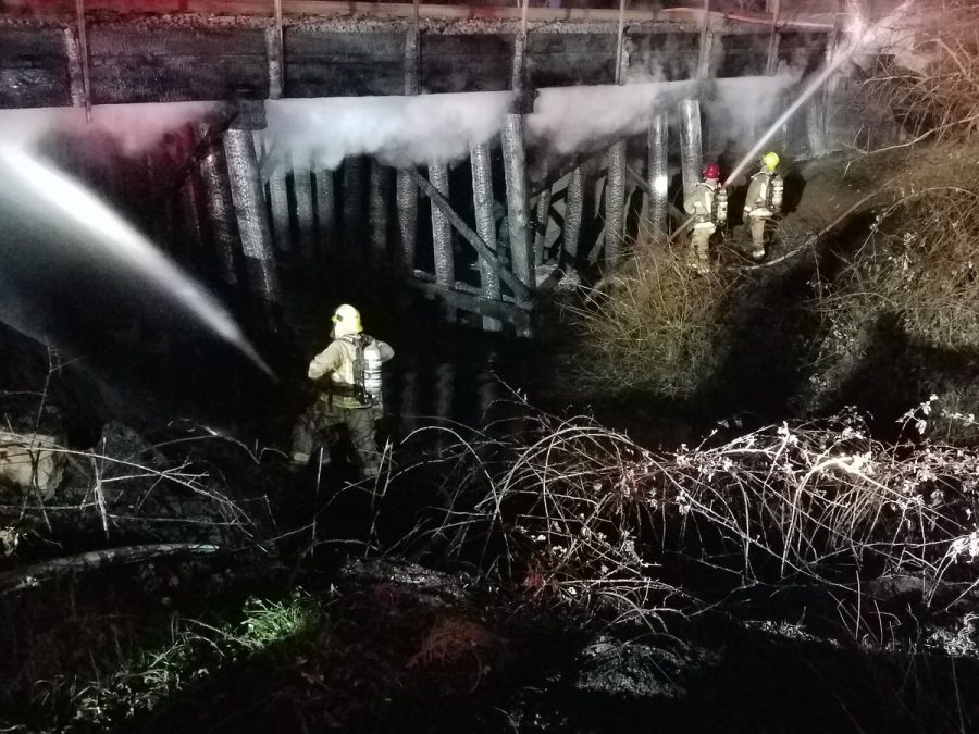 Access was shut down as firefighters worked to contain the bridge flames. Photo courtesy CALFIRE Butte County,