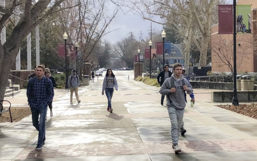 Chico State students walk on campus on February 26, 2018. Photo credit: Maria Ramirez