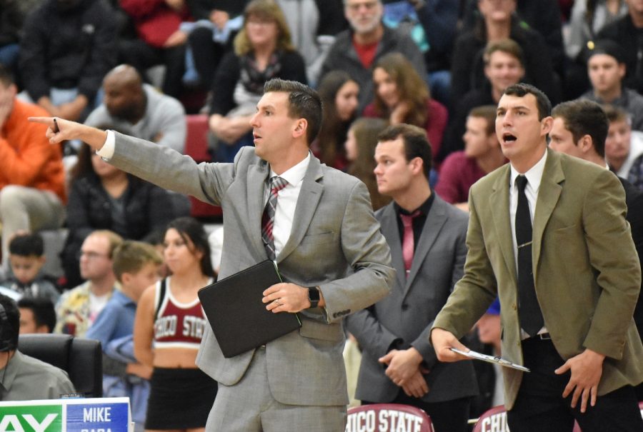 Chico State Wildcats assistant coaches Mark Darnall and Thomas Ammon coaching the Wildcats basketball team in Acker Gym. Photo Courtesy: Chico State Sports Information Desk.
