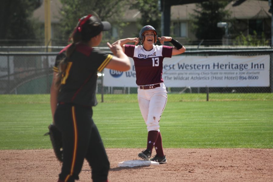 Bailey Akins celebrates following a double against Dominguez Hills. Akins tied the Chico State single season home run record Thursday with her 11th on the year. Photo credit: Caitlyn Young