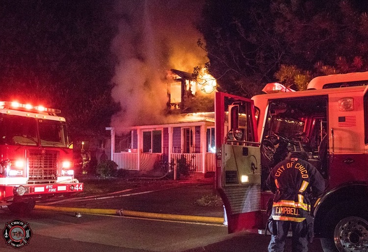 Chico Fire battles a house fire at East 20th Street. Photo courtesy of Chico Fire Facebook.
