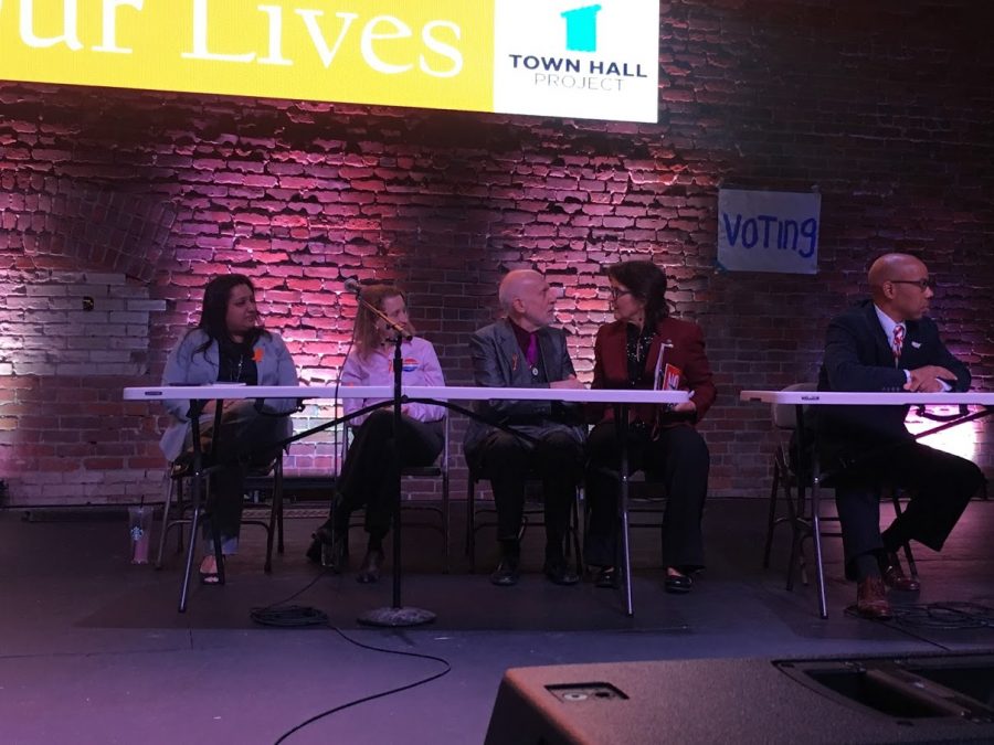 Local political candidates and  Chico State President Gayle Hutchinson sit on the panel at the March For Our Lives Chico town hall. 