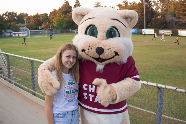 Willie the Wildcat and Chico State student Annecy Rocca support the Chico State Mens Soccer Team at the Chico State Wildcats vs. Seattle Pacific Falcons Western Washington Vikings game. Photo credit: Maury Montalvo
