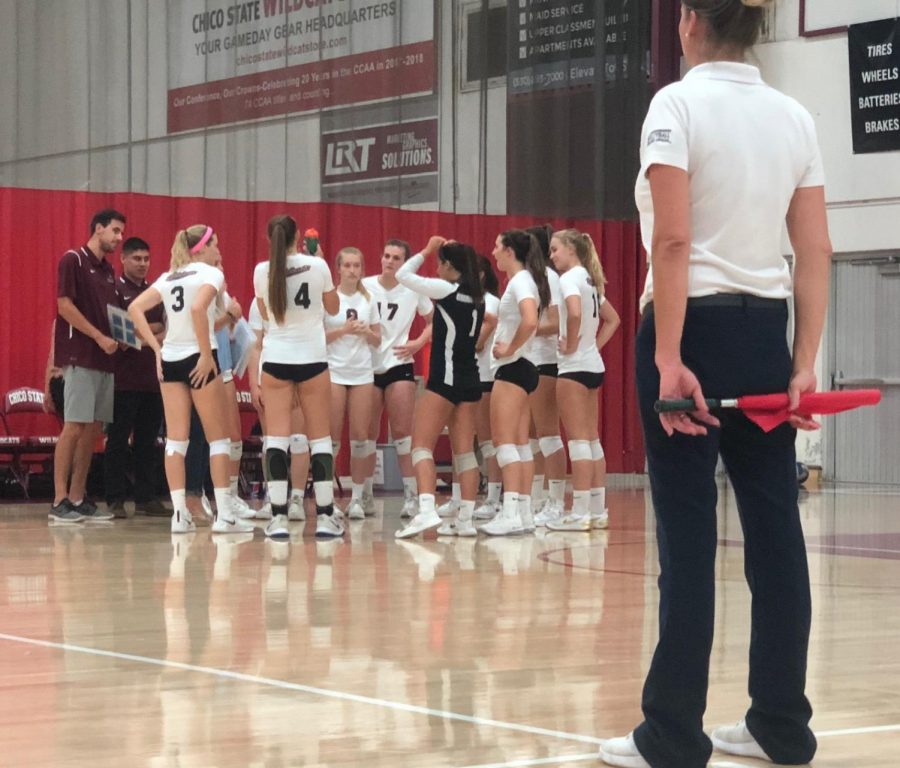 Chico State game plans before the start of the match against Stanislaus State on Wednesday. Photo credit: Wesley Harris