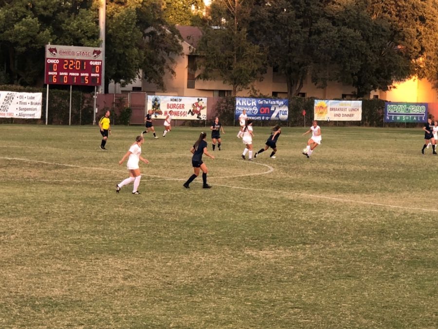 Chico State womens soccer plays defense at home earlier in the season in this archived photo. Photo credit: Wesley Harris