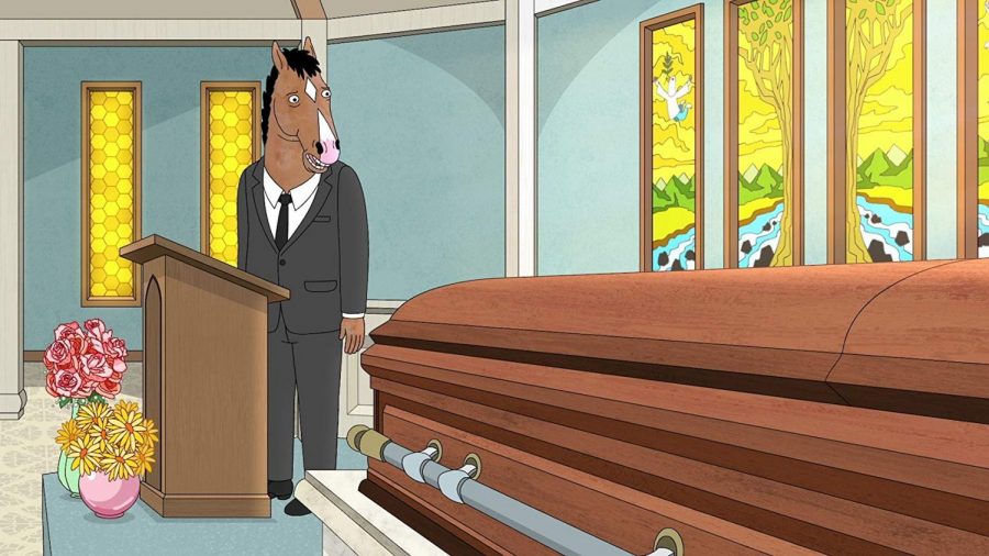 Bojack gives a eulogy at another characters funeral. Image courtesy of Netflix.