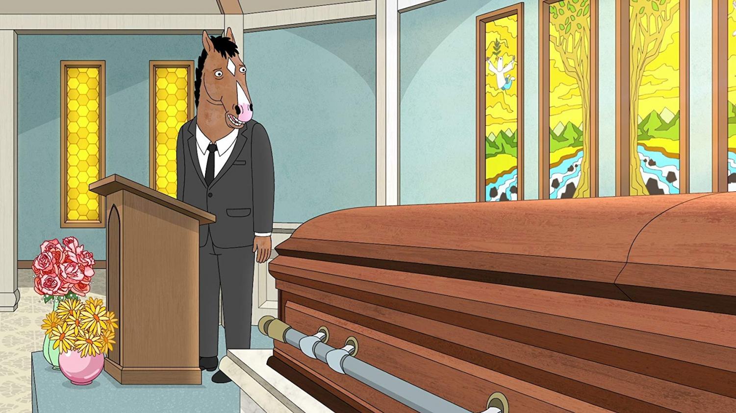 Bojack gives a eulogy at another character's funeral. Image courtesy of Netflix.