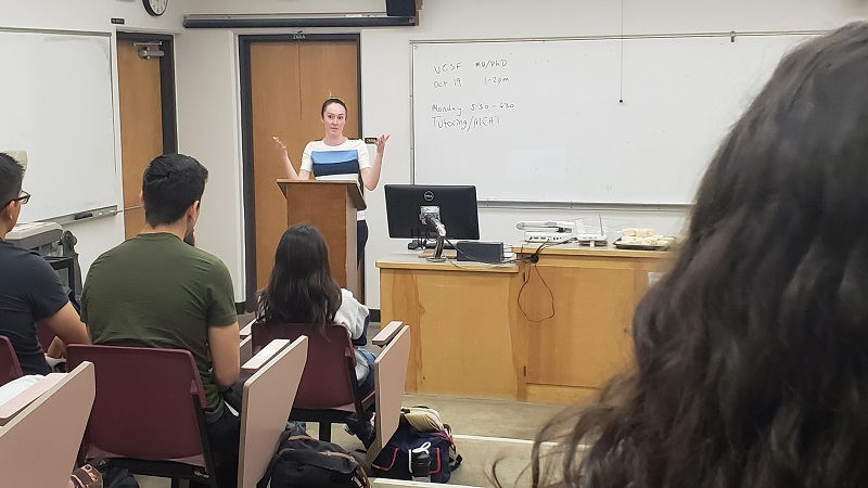 Dr. Anna Robertson, from Enloe Medical Center, answered questions, Monday from the Chico State Pre-Medical Association Photo credit: Josh Cozine