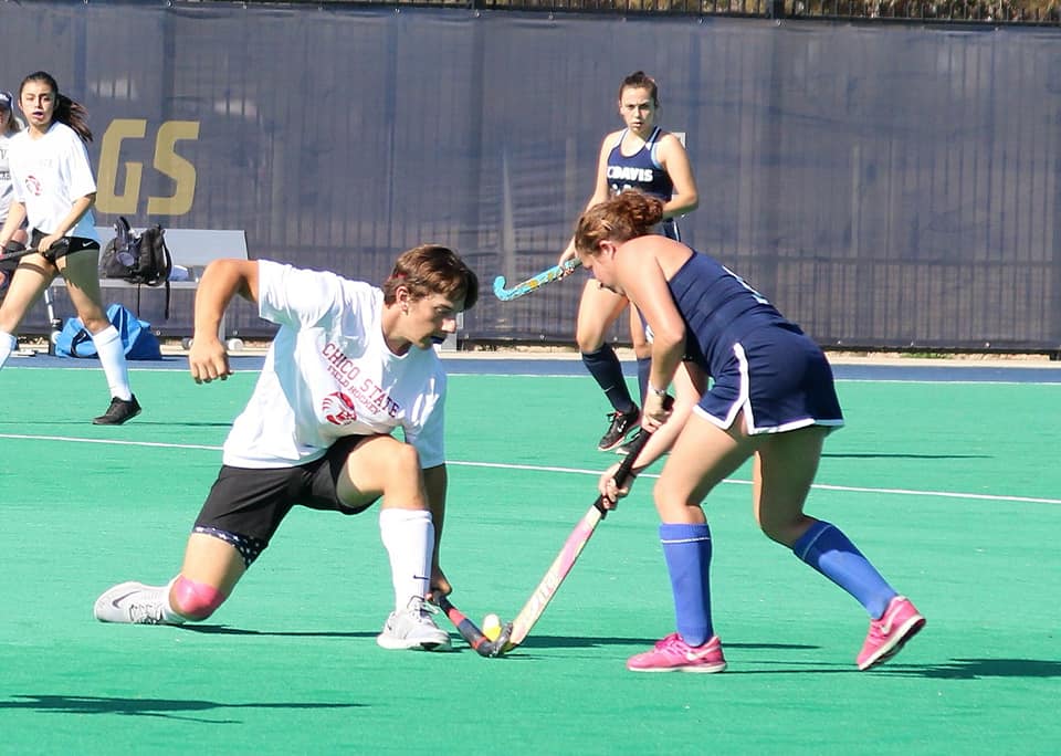 Chico State forward Gavin Risbry blocks a pass from UC Davis in this archived photo. Photo courtesy of Chico Lax FH Photos.