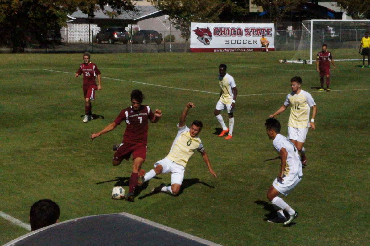Junior Ronan McEnroe clears the ball to the other end of the field amongst Humboldt State defenders on Sunday Photo credit: Keelie Lewis