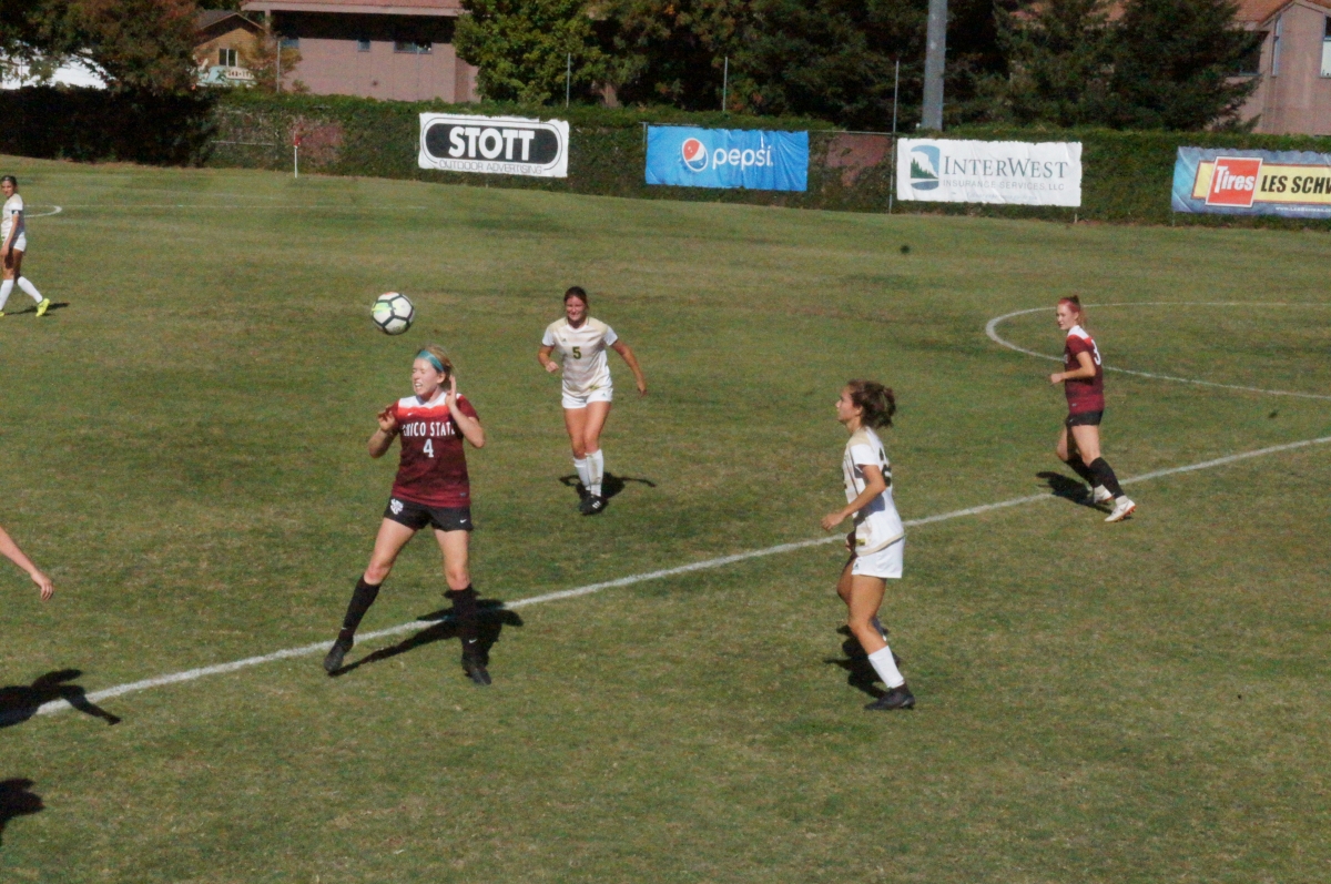 Chico State forward, Erin Woods, heads the ball in a win against Humboldt State on Sunday. Photo credit: Keelie Lewis