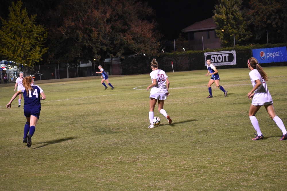 Chico State forward, Jordan Doukakis, moves the ball upfield against Sonoma State in this archived photo. Photo credit: Roy Anderson