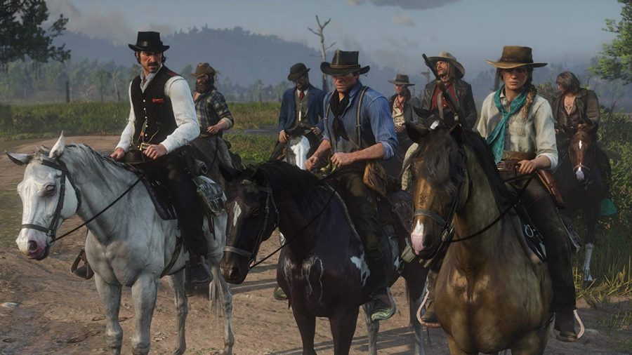 The Van Der Linde gang riding together with Dutch and Arthur leading the charge. Image from amazon.com