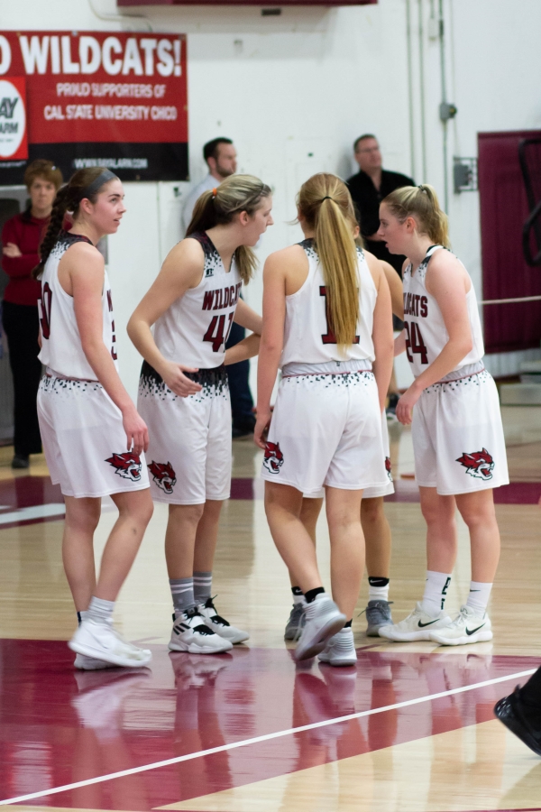 Chico State huddles up during a break in the action against Cal State East Bay in this archived photo. Photo credit: Maury Montalvo