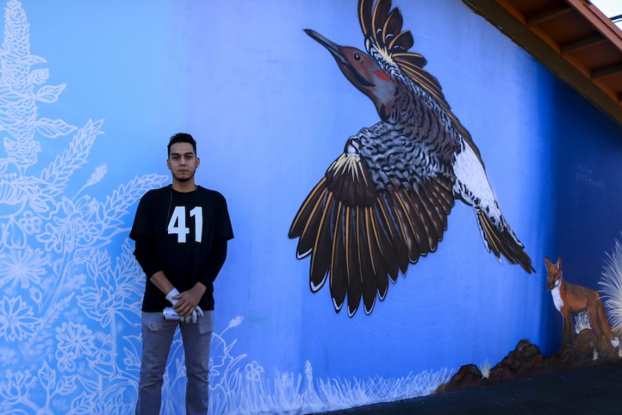 Christian Garcia In front of a flicker bird, Fox and foliage at the mural painting on Second St and Ceder St Photo credit: Melissa Herrera