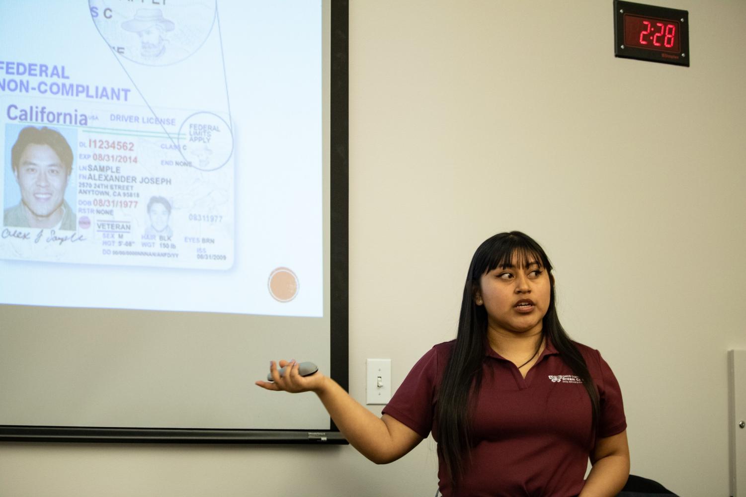 LEAD President, Evelyn Lucho, speaking about what agencies can or cannot request to see identification, Monday, Feb. 25, 2019, in Chico, CA. Photo credit: Christian Solis