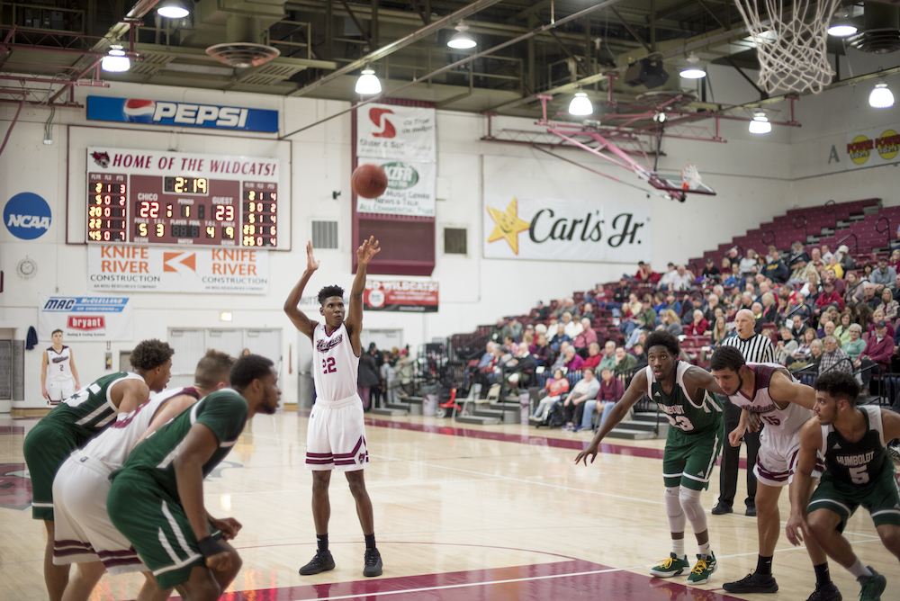Josh Lavergne shoots free-throws against Humboldt State on Feb. 2, 2019. 
Image credit: Jessica Bartlett/University Photographer.