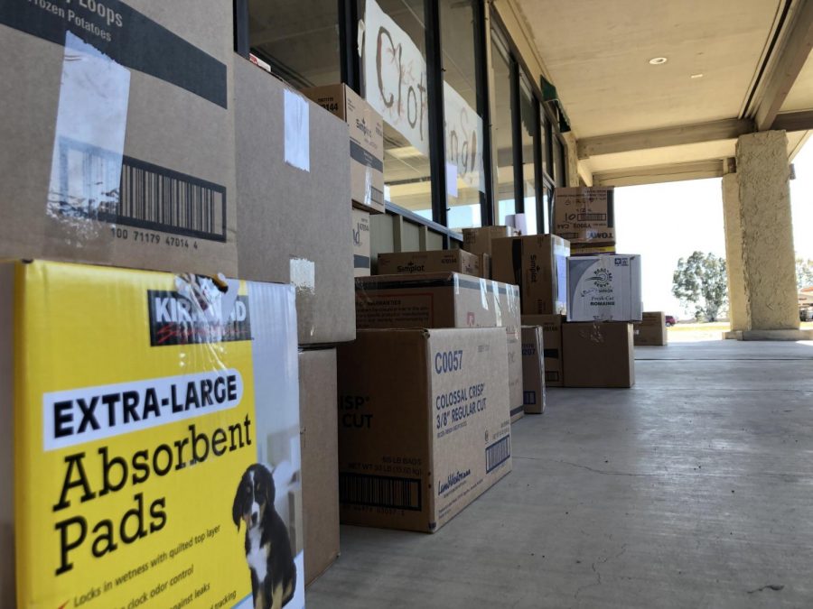 Boxes piled up outside the Orland Camp Fire Donation Center on the first of a three-day yard sale Photo credit: Trenton Taylor