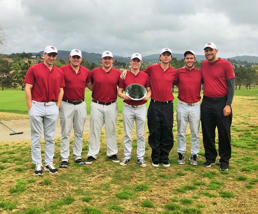 The Wildcat mens golf team celebrates their second place finish at the Tim Tierney Pioneer Shootout in Alameda Tuesday. Photo credit: Josh McCollum