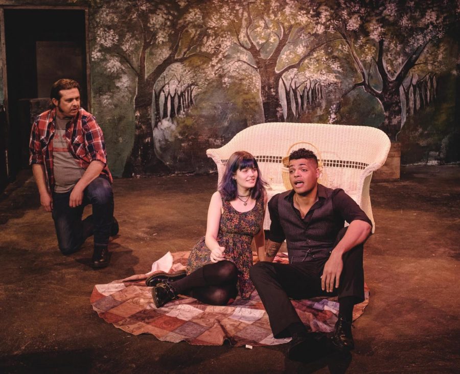 Owen Carlson, Sam Lucas (middle) and Shantae Stewar sit onstage during Act 2 of The Almond Orchard at Blue Room Theatre. 

Photo Credit: Joe Hilsee