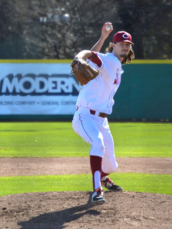 Grant Larson delivers a pitch to a Stanislaus State Warriors batter in Sundays game on Feb. 17, 2019. Photo credit: Olyvia Simpson