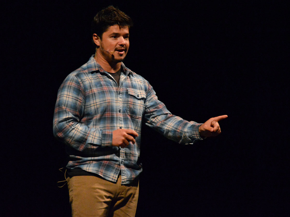 Filipe DeAndrade spoke about his passion for wildlife and videography Wednesday night in Laxson for the National Geographic Live event. He engaged the audience with pictures of breathtaking wildlife and a preview of his upcoming documentary. Photo credit: Olyvia Simpson