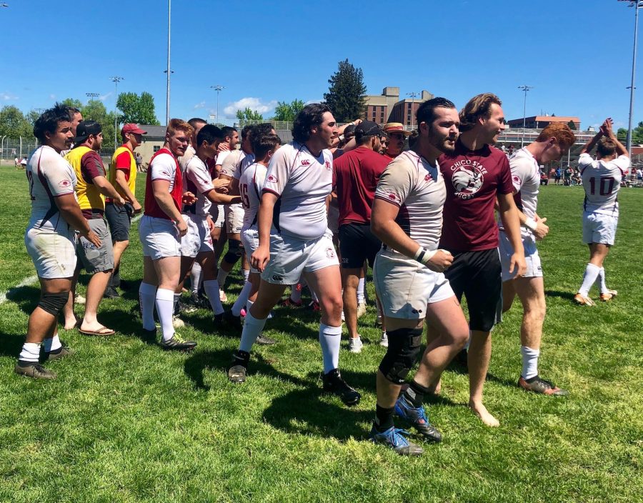 Chico State mens rugby team celebrating beating Cal State Long Beach on April 21. Photo credit: Ricardo Tovar
