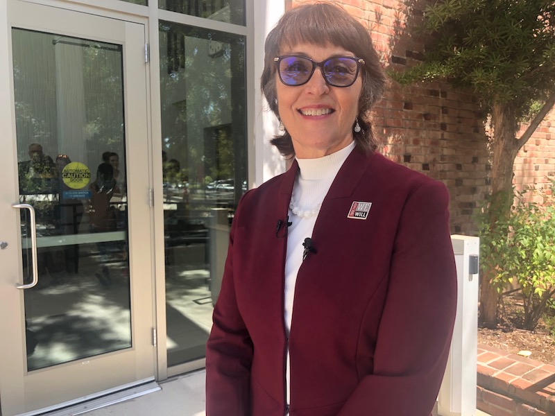 Gayle Hutchinson pauses before the fall convocation on August 26 at Chico State. Photo credit: Natalie Hanson