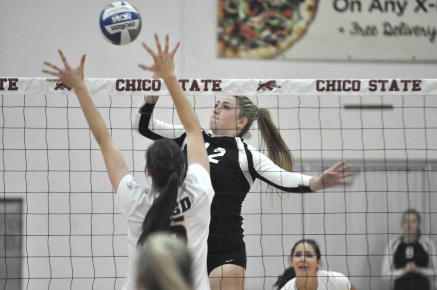 Makaela+Keeve+spiking+the+ball+in+home+game+at+Acker+Gym.++Photo+Courtesy+of+Chico+State+Sports+Information.