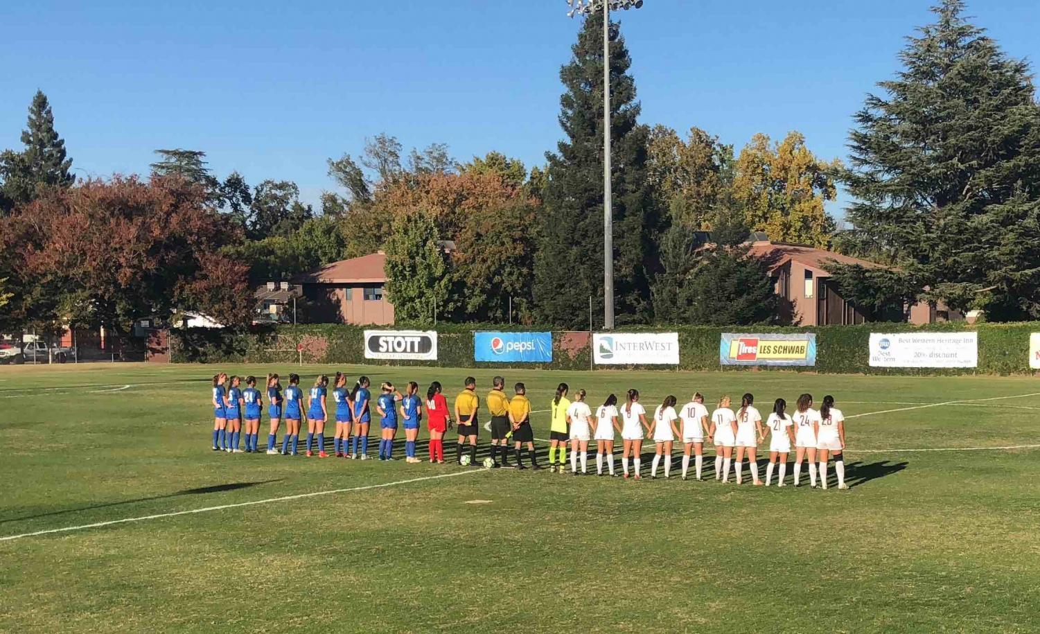 Chico State standing for the national anthem in their game against California State University, San Marcos. Oct. 25, 2018. Photo credit: Lucero Del Rayo-Nava