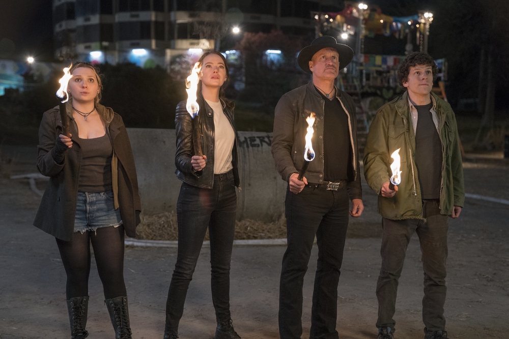 Little Rock (Abigail Breslin), Wichita (Emma Stone), Tallahassee (Woody Harrelson) and Columbus (Jesse Eisenberg) continue to fight for survival in Zomebieland, 10 years after the events of the first film.  
Courtesy of Sony Pictures Publicity.