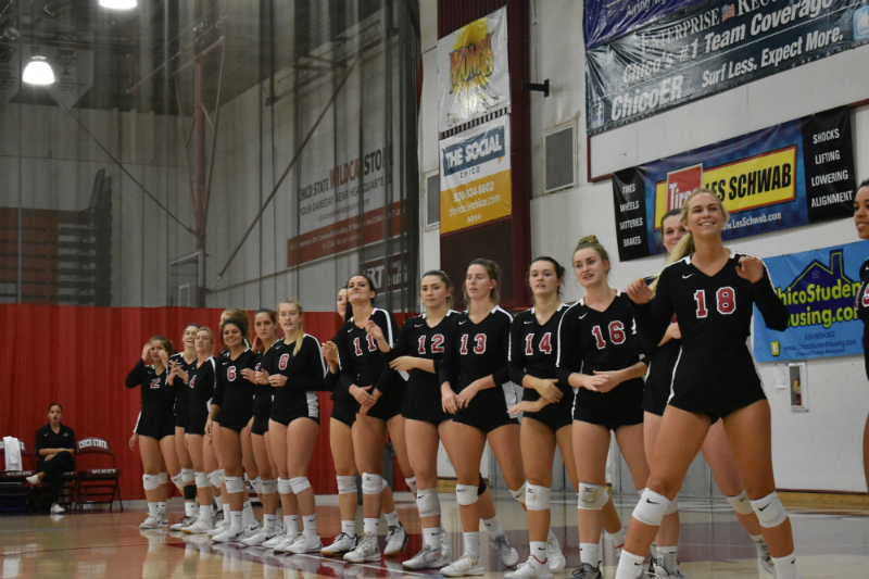 Chico State volleyball team in Acker Gym about to face off against Humboldt State. Oct. 5, 2019 Photo credit: Hana Beaty