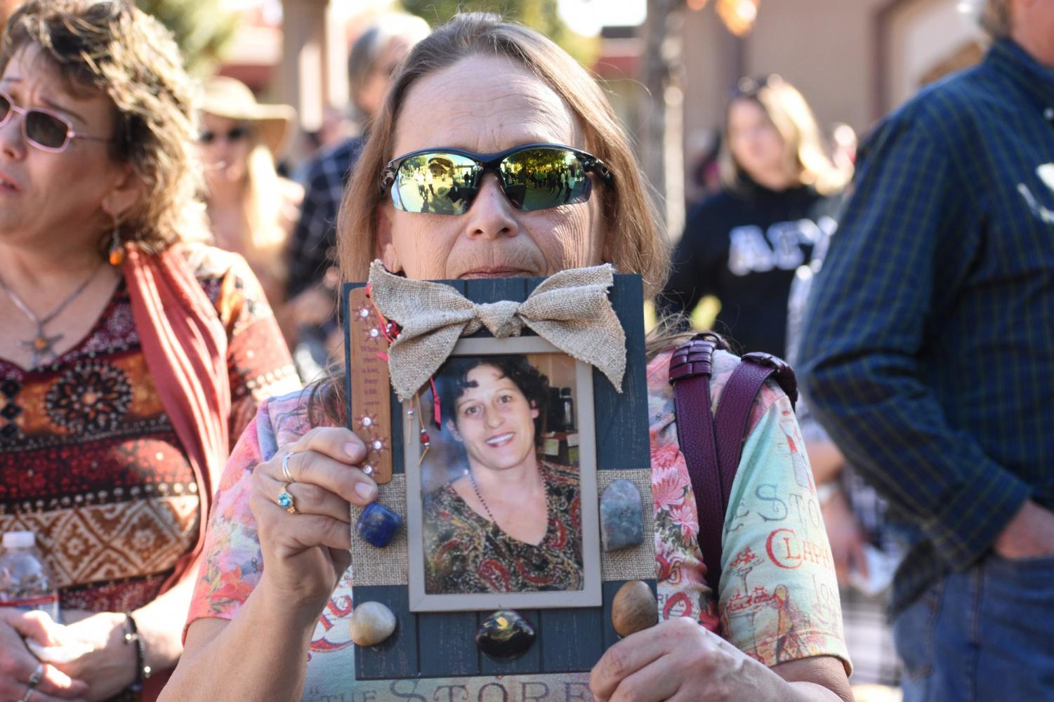 Marge Nelmes came to Chico City Plaza to remember her best friend, Lolene Rios of 46 years who passed away during the fire. Photo credit: Kimberly Morales