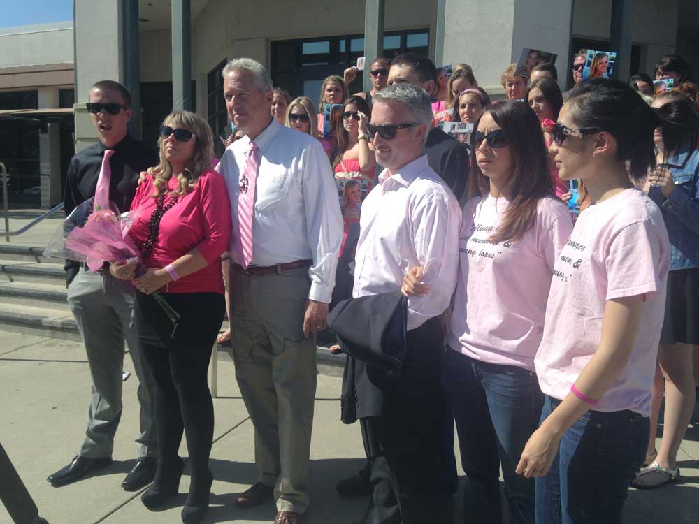 Kristina Chesterman's immediate family stands in front of the Butte County Superior Court with their friends and family. Photo credit: Christine Lee