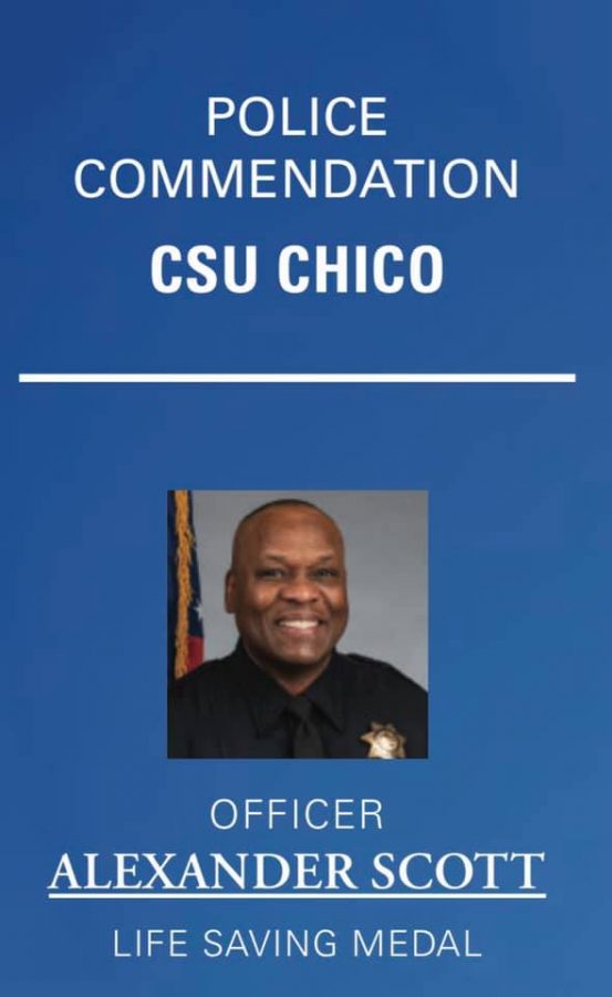 Chico State Officer Alexander Scott received accolades for saving the life of a Chico State student last fall.