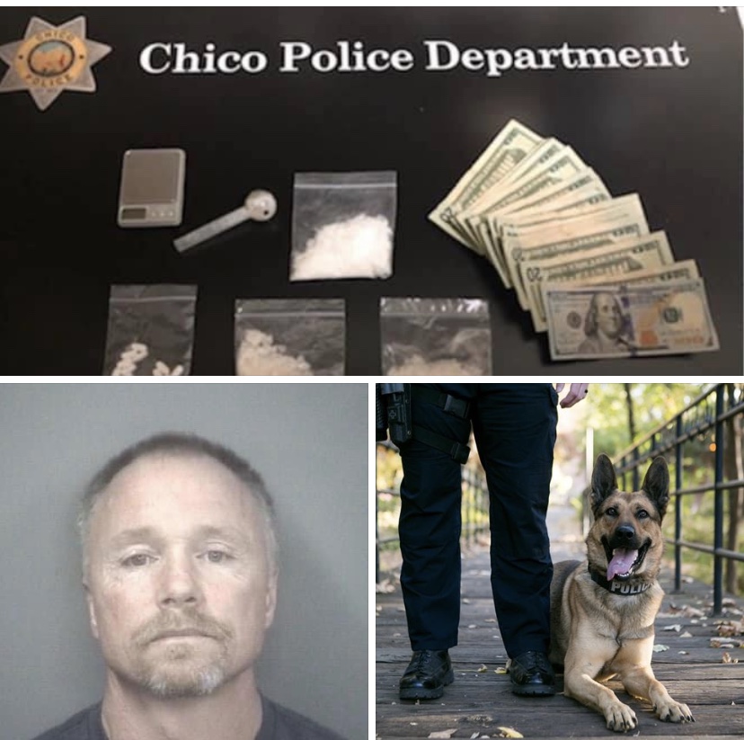 48 year-old James Marshal and K9 Odin pictured along with items discovered in Marshals vehicle. Courtesy of Chico PD.