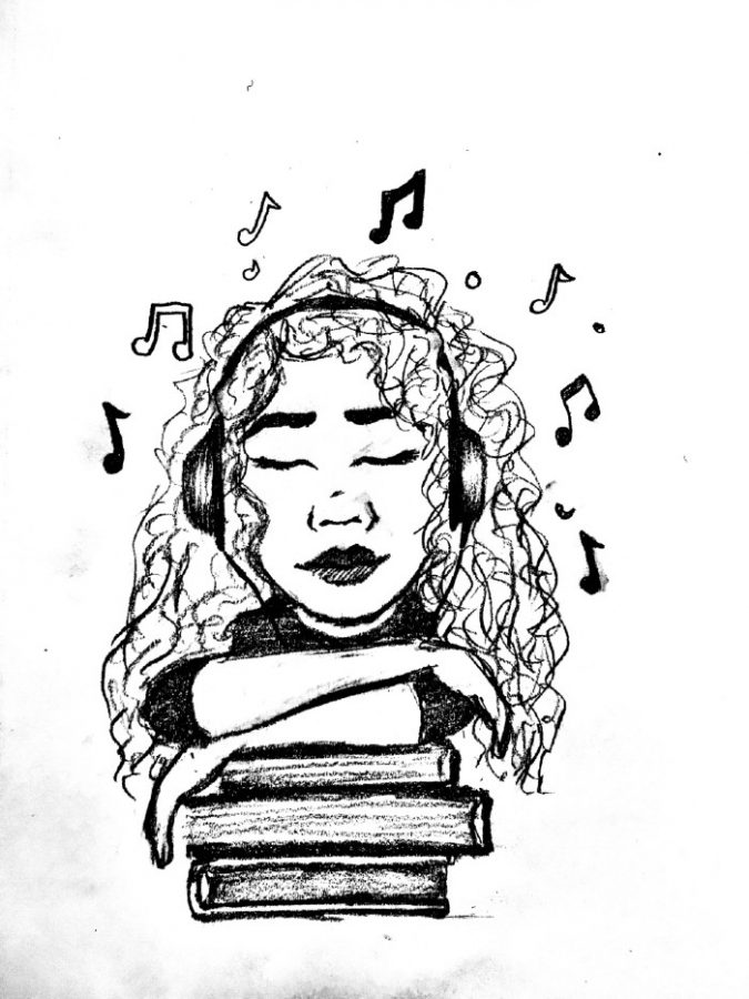Illustration of a girl listening to music while studying