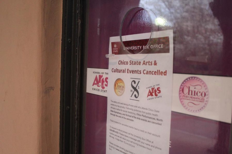 A sign posted on the window of the Laxson Auditorium box office stating all Chico Performances, North State Symphony and School of the Arts shows have been canceled.