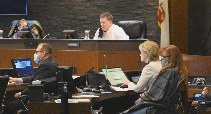 Council member Sean Morgan and City Clerk Deborah Presson can be seen at Tuesday meeting without a mask.