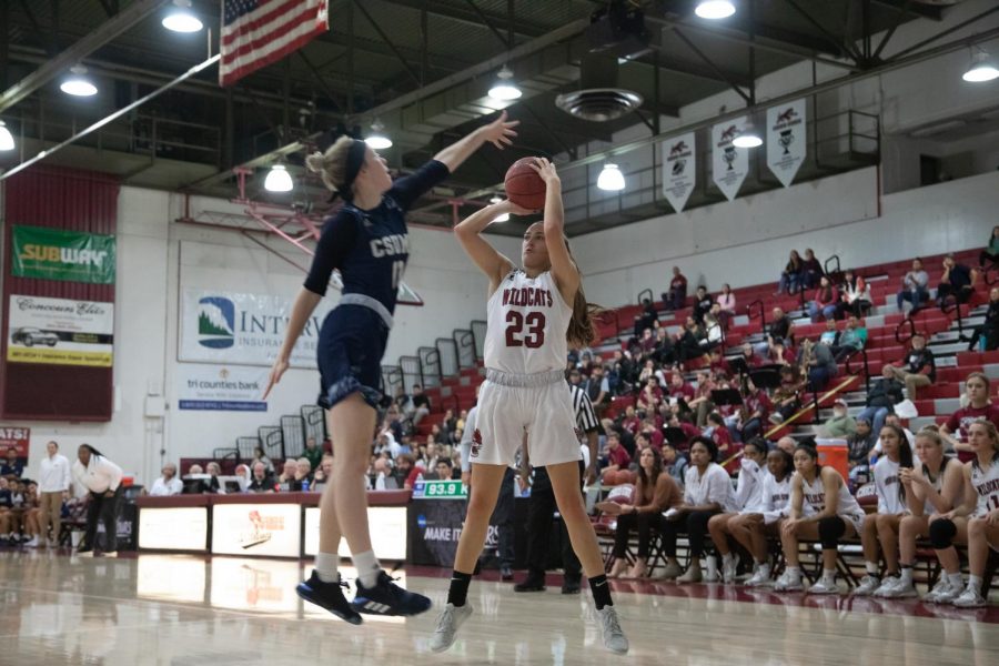 #23 Haley Ison goes up for a shot in a basketball game at Chico State (Ryan McCasland/Chico State Sports Information)