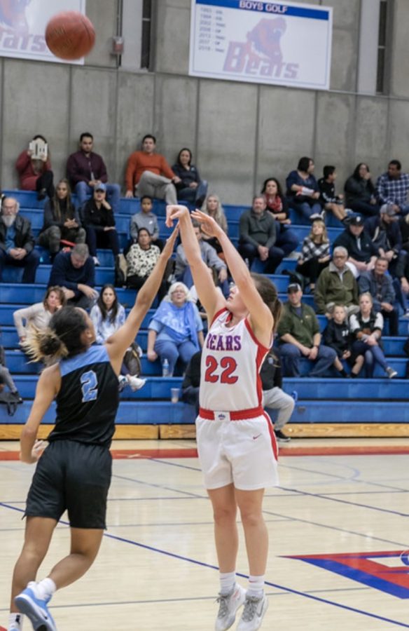 #22 Morgan Mathis throws up a shot in a basketball game at Buchanan High School in Clovis, Calif (Chico State Sports Information)