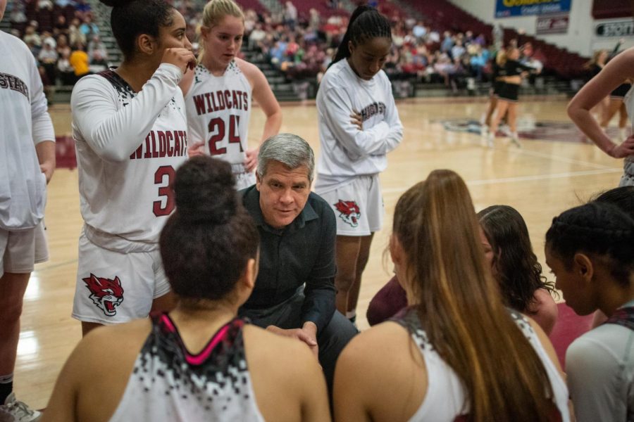 Chico State Wildcats head coach Brian Fogel (center) encourages the team against Cal State East Bay Pioneers in the fourth quarter of their CCAA Womens Basketball Tournament on Tuesday, March 3, 2020 in Chico, CA.(Jason Halley/University Photographer/CSU, Chico)