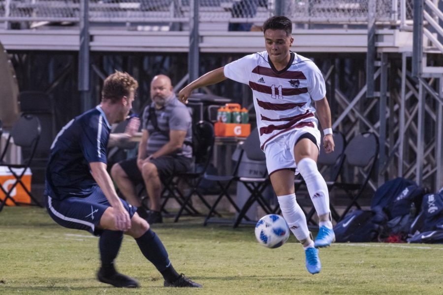 Chico State Wildcats #11 Cooper Renteria (right) vies against Concordia (Oregon) Cavaliers during the first half of their mens soccer game on Thursday, Sept. 12, 2019 in Chico, California