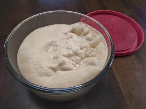 Homemade pizza dough fresh out of the refrigerator after 6 days of fermentation. This is a 1 quart container, so an ideal amount of dough for a pan pizza, for me, is about 3/4 of a quart, or 3 cups.